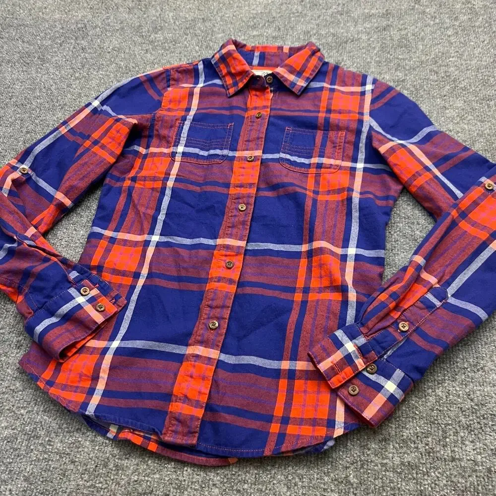 The North Face Flannel Shirt Womens XS Blue Red Plaid Cotton Collared Button-Up - Picture 2 of 11